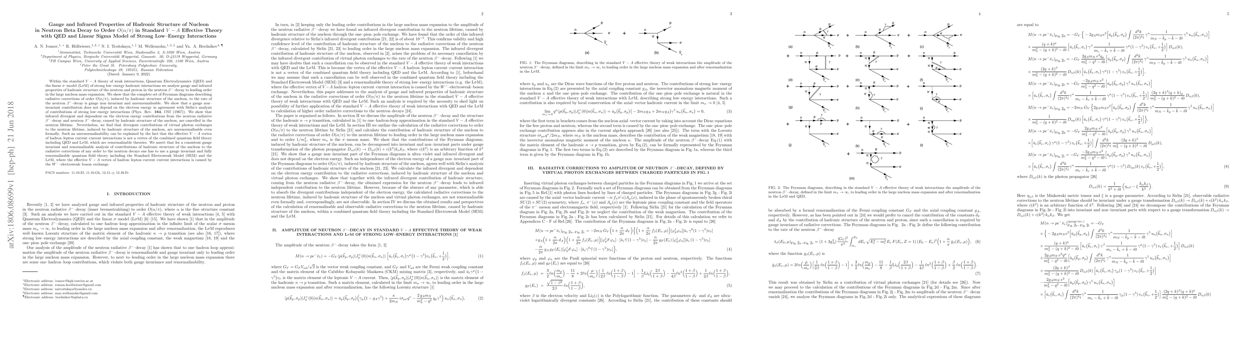 Thumbnail for Gauge and Infrared Properties of Hadronic Structure of Nucleon in
  Neutron Beta Decay to Order O(\alpha/\pi) in Standard V - A Effective Theory
  with QED and Linear Sigma Model of Strong Low--Energy Interactions