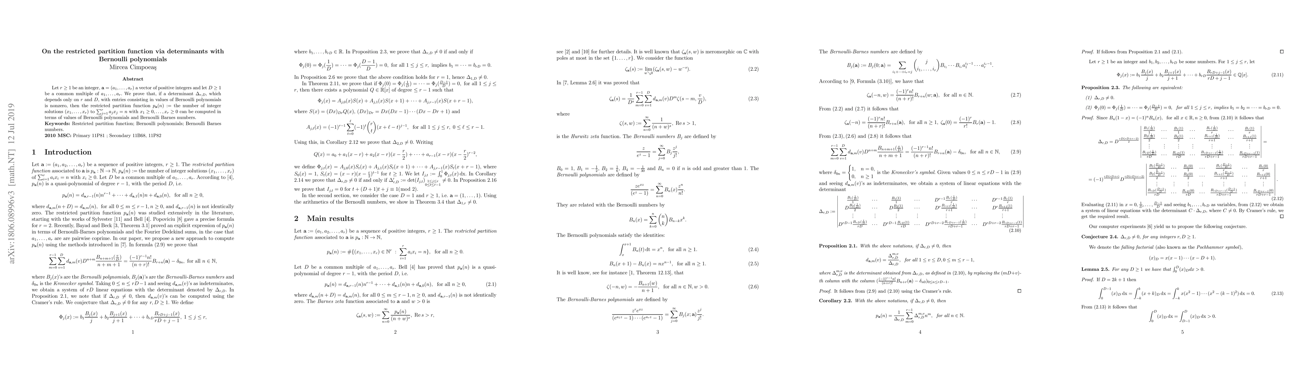 Thumbnail for On the restricted partition function via determinants with Bernoulli
  polynomials