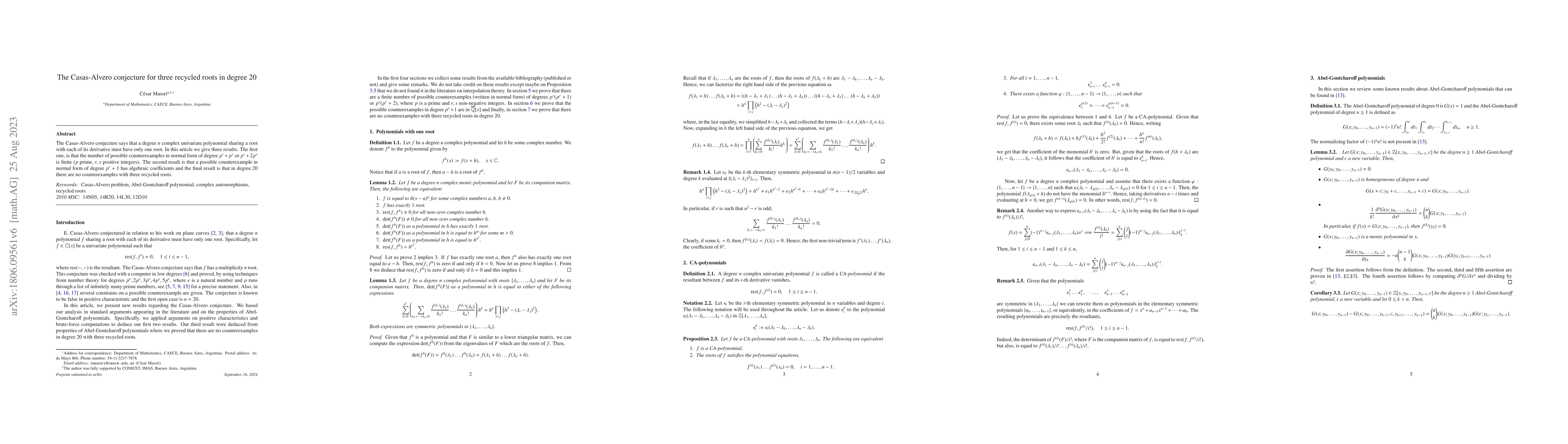 Thumbnail for The Casas-Alvero conjecture for three recycled roots in degree 20