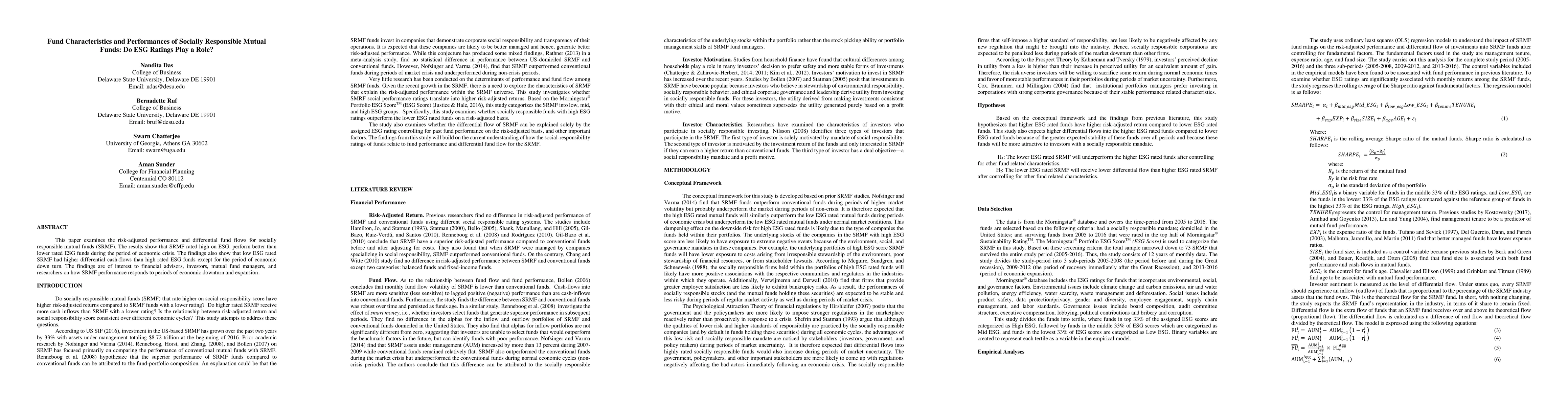 Thumbnail for Fund Characteristics and Performances of Socially Responsible Mutual
  Funds: Do ESG Ratings Play a Role?