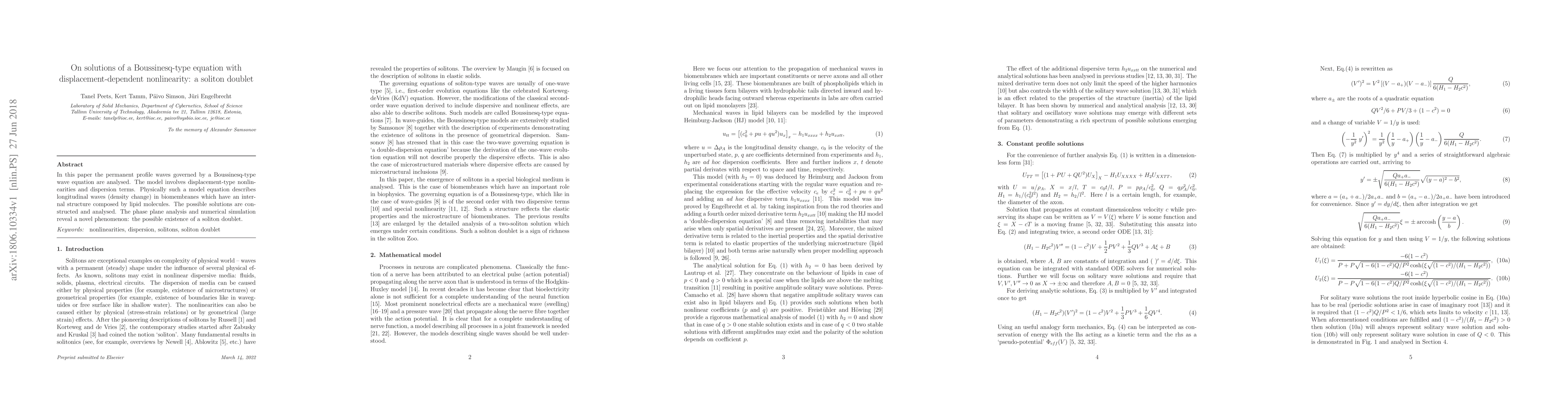 Thumbnail for On solutions of a Boussinesq-type equation with displacement-dependent
  nonlinearity: a soliton doublet