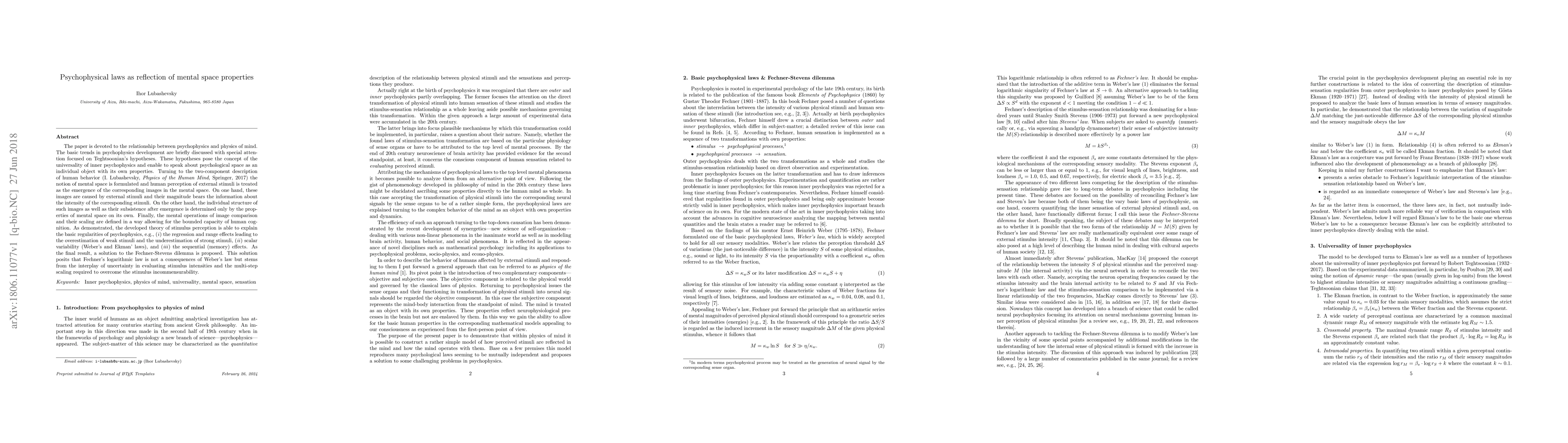 Thumbnail for Psychophysical laws as reflection of mental space properties