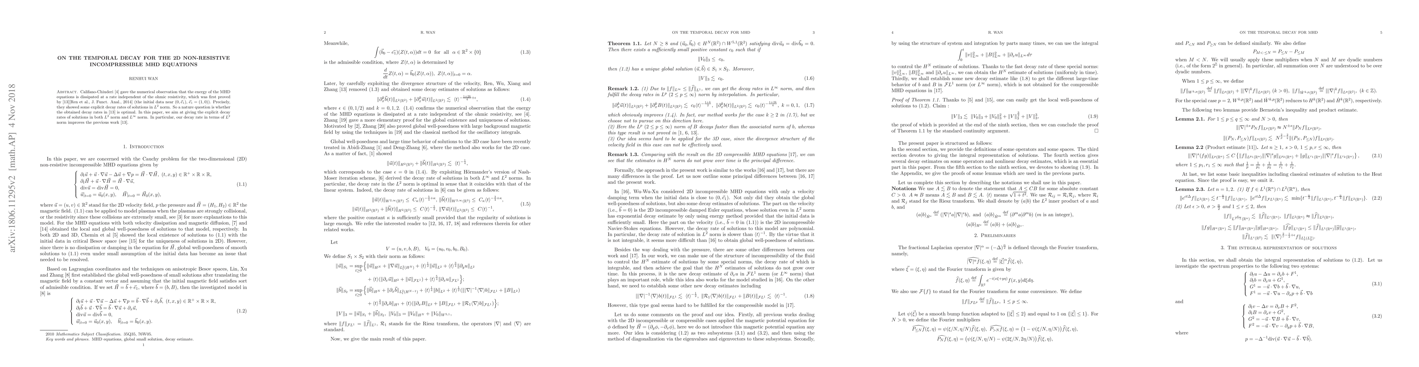Thumbnail for On the temporal decay for the 2D non-resistive incompressible MHD
  equations