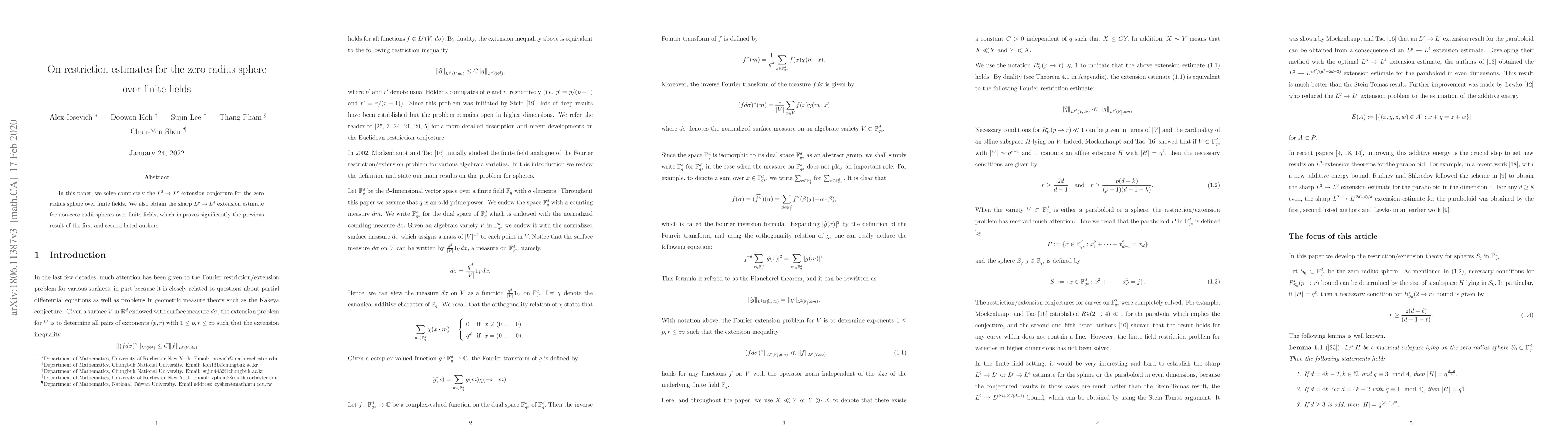 Thumbnail for On restriction estimates for the zero radius sphere over finite fields
