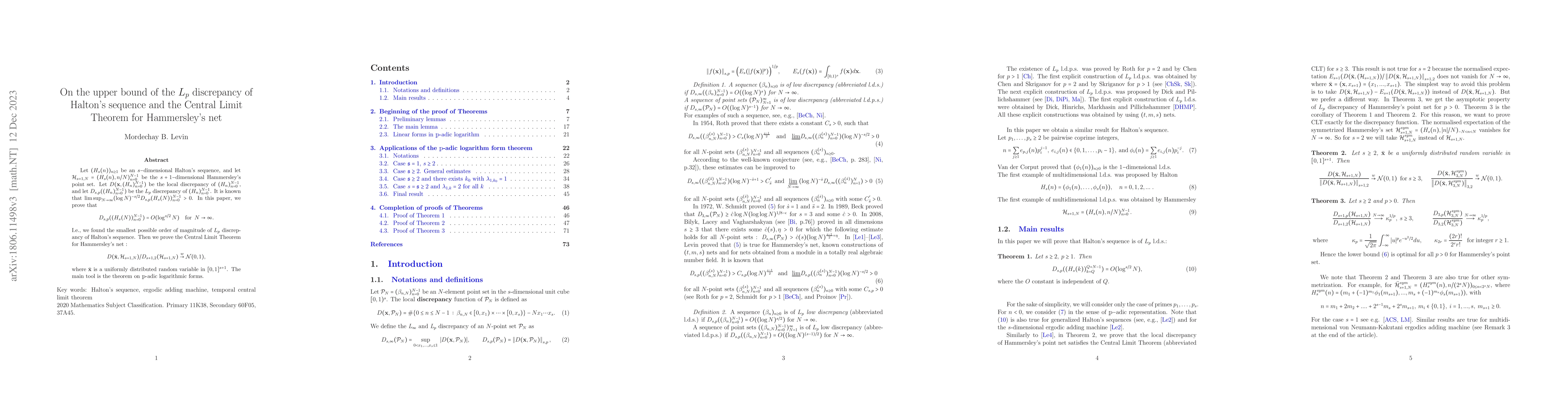 Thumbnail for On the upper bound of the $L_p$ discrepancy of Halton's sequence and the
  Central Limit Theorem for Hammersley's net
