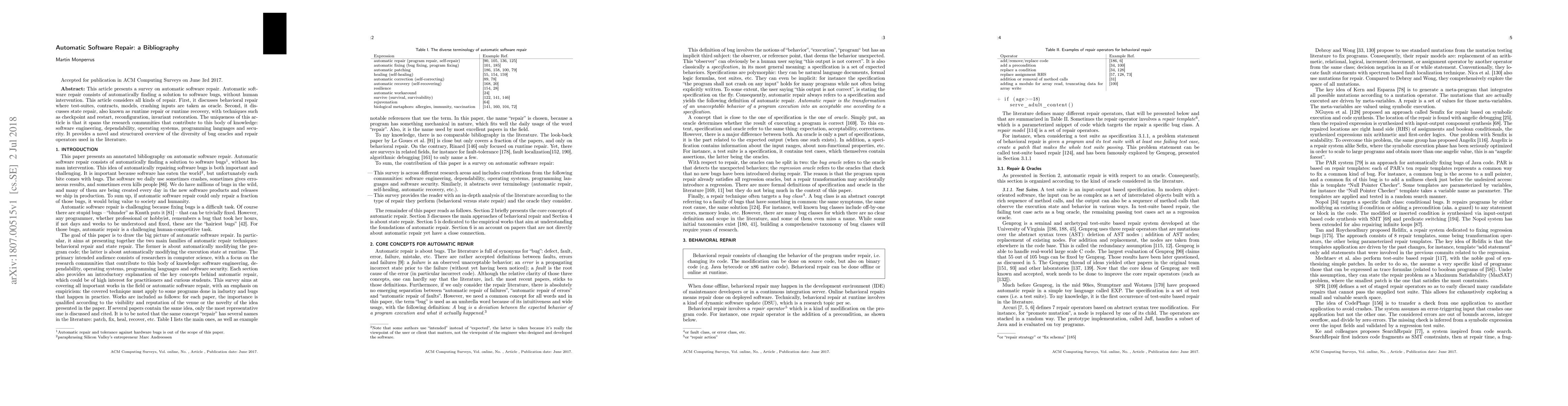 Thumbnail for Automatic Software Repair: a Bibliography