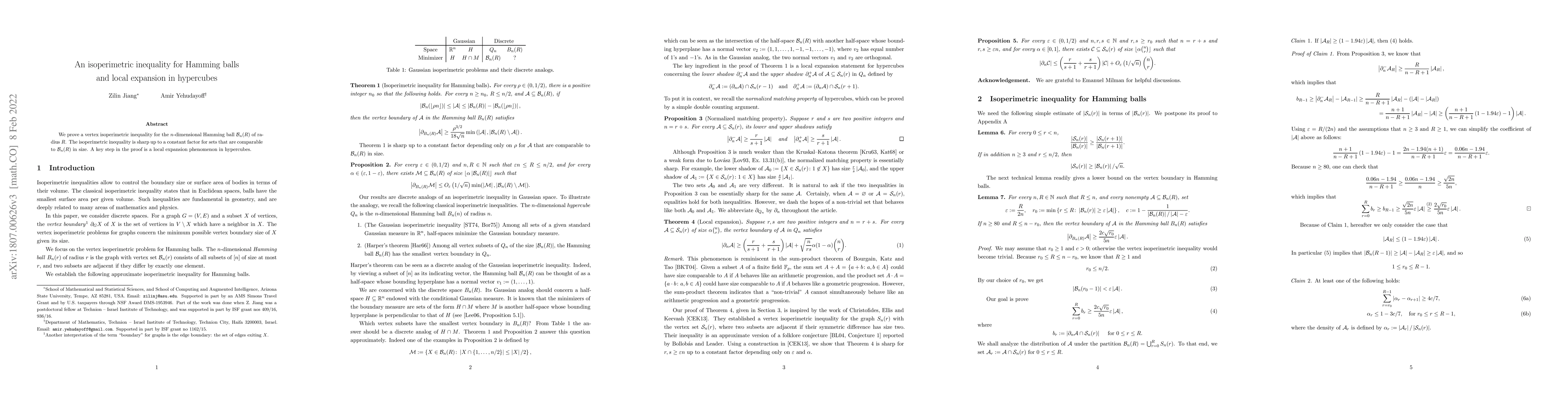 Thumbnail for An isoperimetric inequality for Hamming balls and local expansion in
  hypercubes