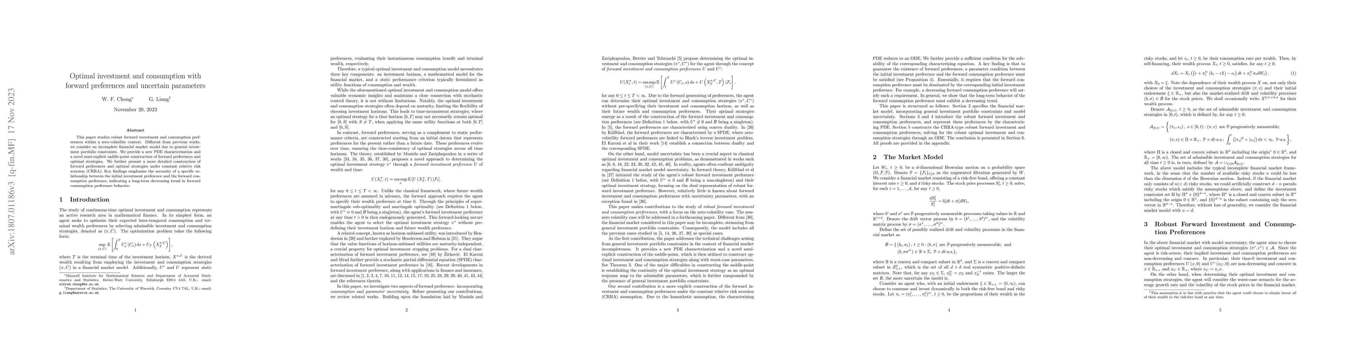 Thumbnail for Optimal investment and consumption with forward preferences and
  uncertain parameters