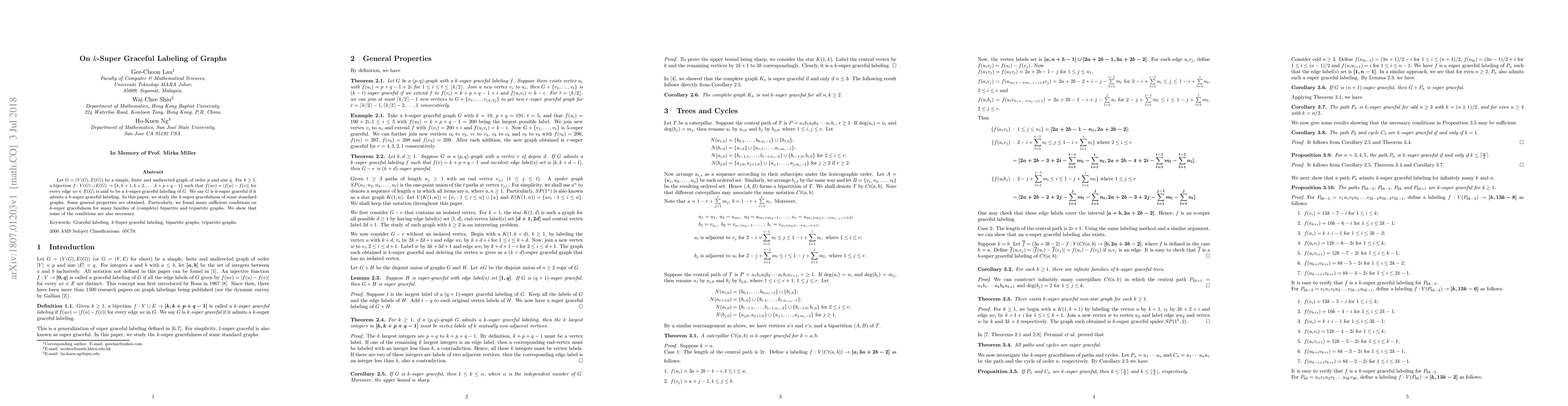 Thumbnail for On $k$-Super Graceful Labeling of Graphs