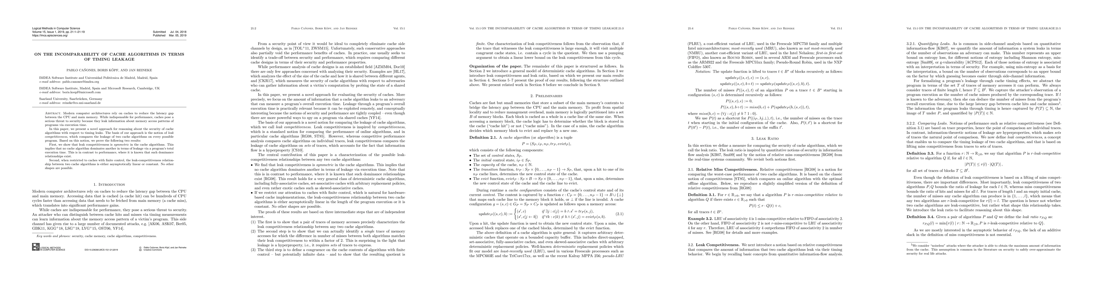 Thumbnail for On the Incomparability of Cache Algorithms in Terms of Timing Leakage