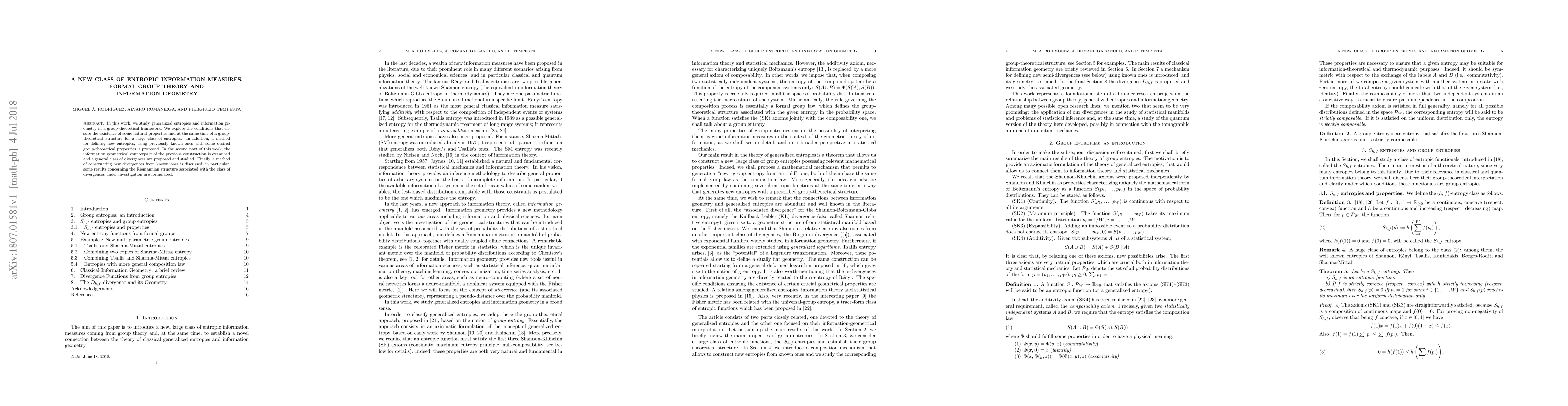 Thumbnail for A new class of entropic information measures, formal group theory and
  information geometry