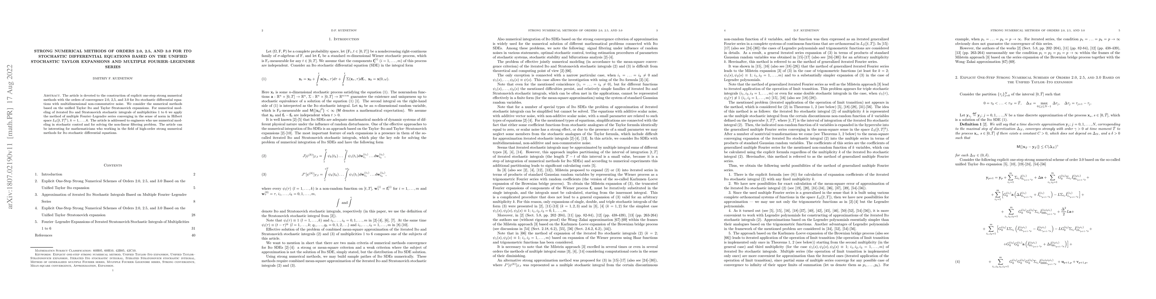 Thumbnail for Strong Numerical Methods of Orders 2.0, 2.5, and 3.0 for Ito Stochastic
  Differential Equations Based on the Unified Stochastic Taylor Expansions and
  Multiple Fourier-Legendre Series