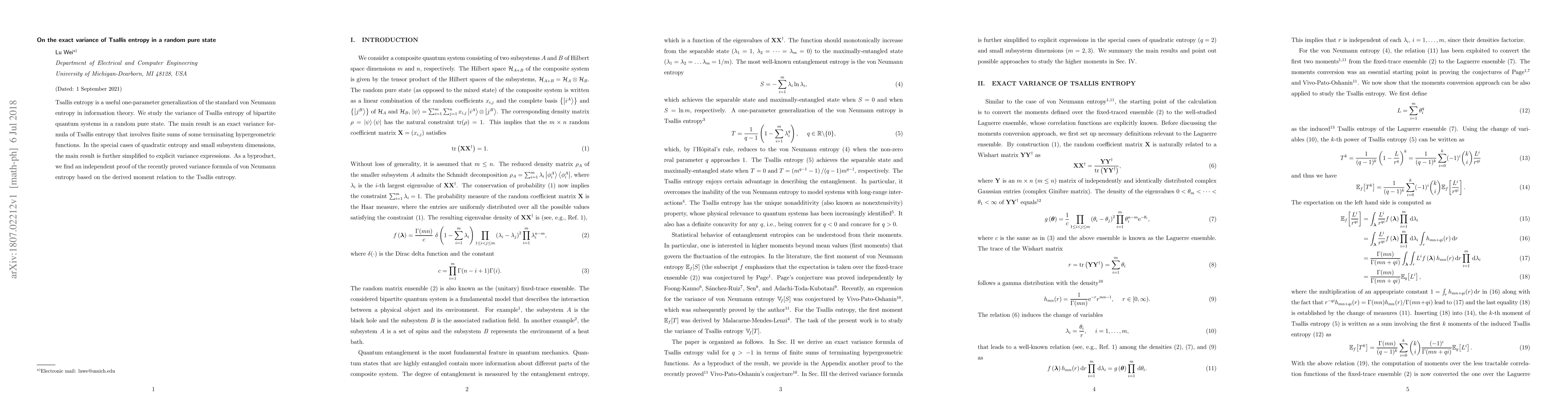 Thumbnail for On the exact variance of Tsallis entropy in a random pure state