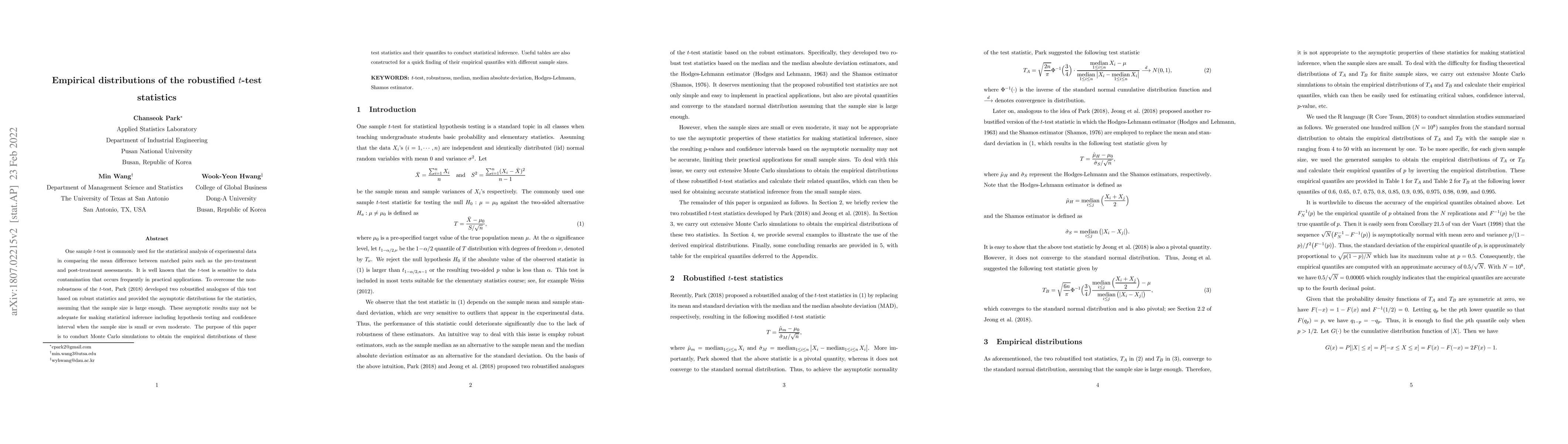Thumbnail for Empirical distributions of the robustified $t$-test statistics