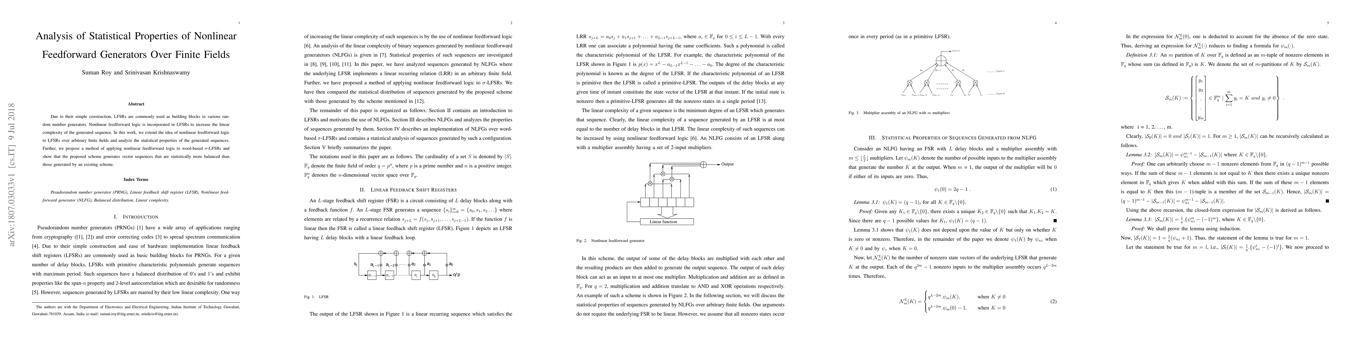 Thumbnail for Analysis of Statistical Properties of Nonlinear Feedforward Generators
  Over Finite Fields