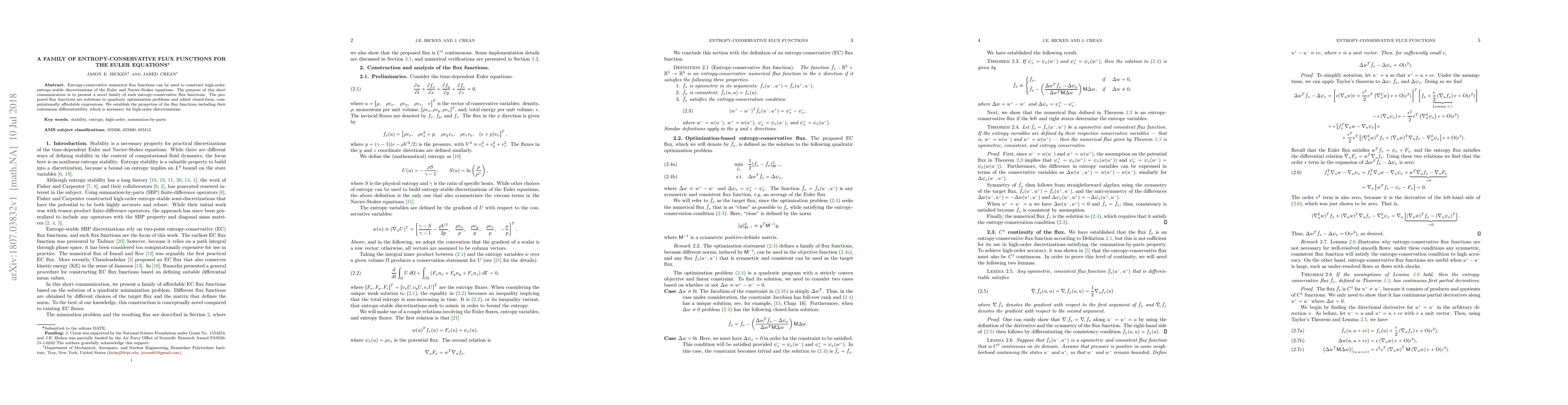 Thumbnail for A Family of Entropy-Conservative Flux Functions for the Euler Equations