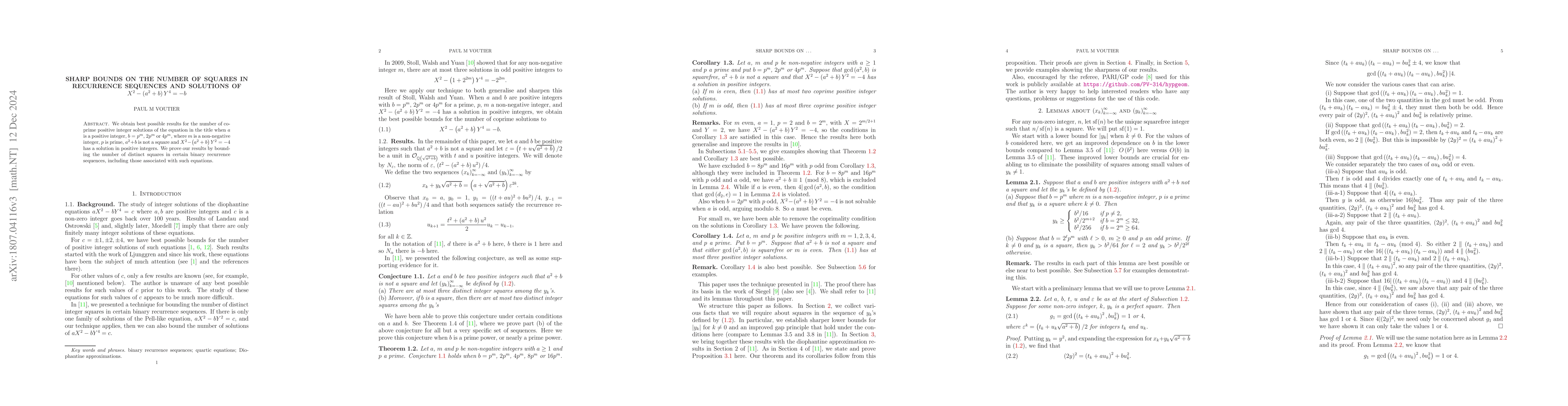Thumbnail for Sharp bounds on the number of squares in recurrence sequences and
  solutions of $X^{2}-\left( a^{2}+b \right) Y^{4}=-b$