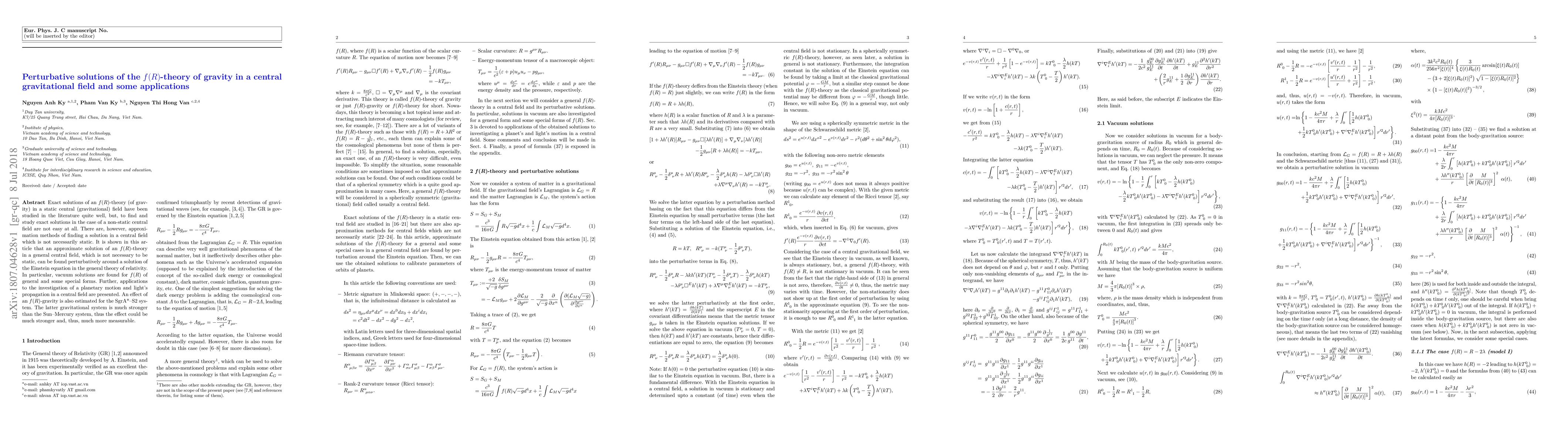 Thumbnail for Perturbative solutions of the $f(R)$-theory of gravity in a central
  gravitational field and some applications
