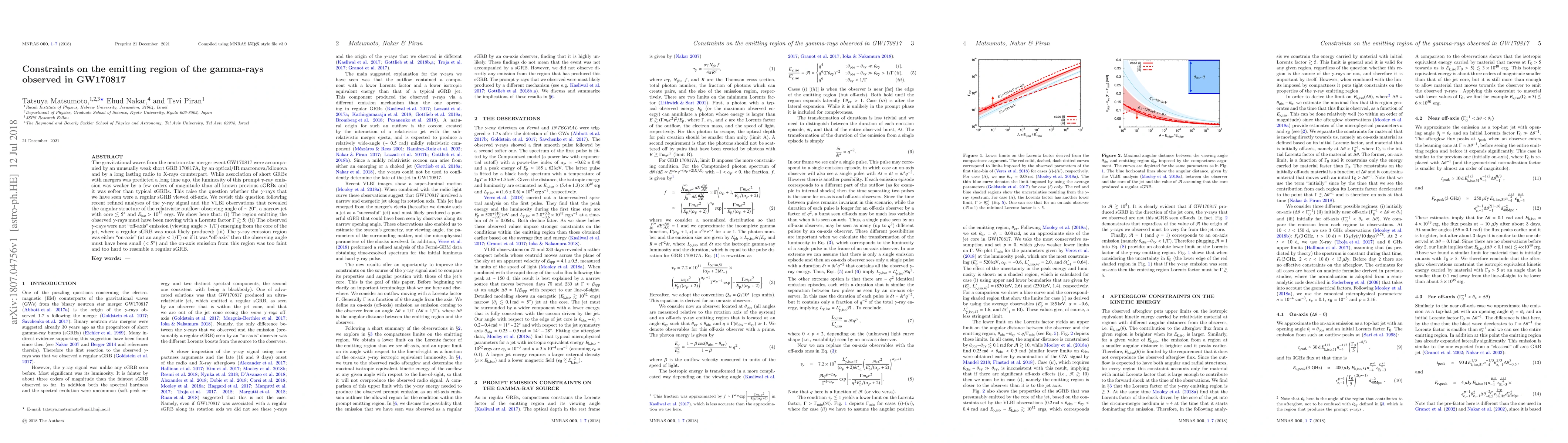 Thumbnail for Constraints on the emitting region of the gamma-rays observed in
  GW170817