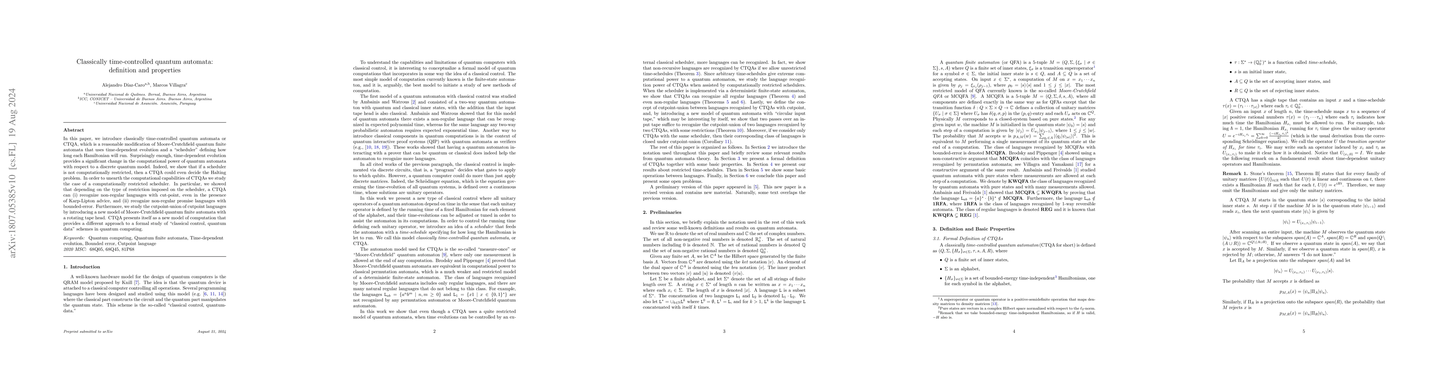 Thumbnail for Classically Time-Controlled Quantum Automata: Definition and Properties