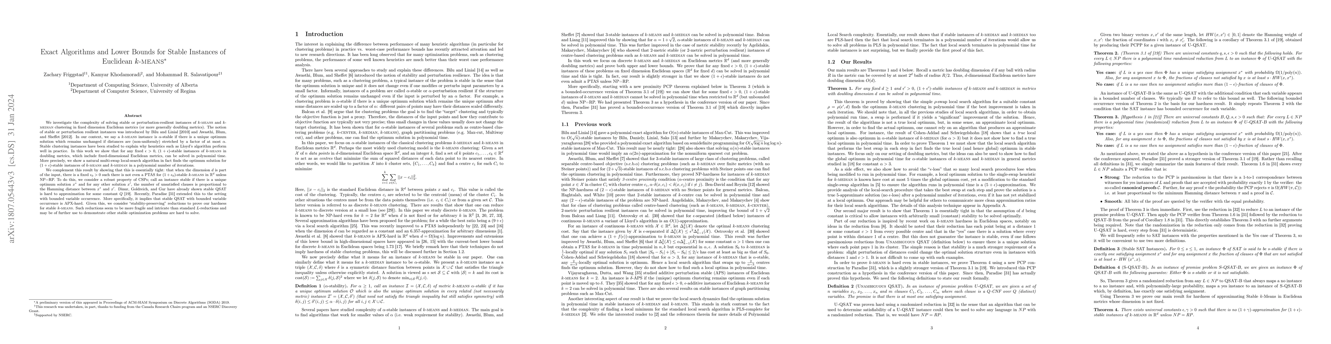 Thumbnail for Exact Algorithms and Lower Bounds for Stable Instances of Euclidean
  k-Means