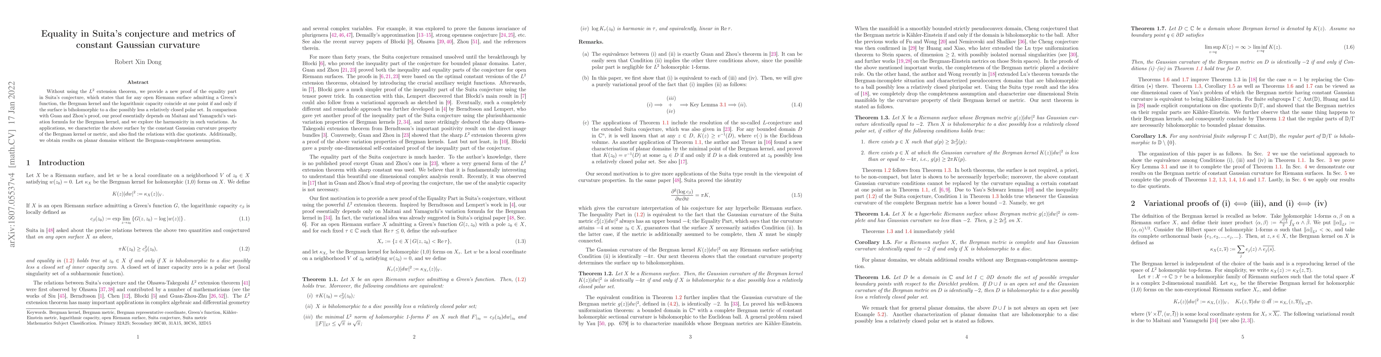 Thumbnail for Equality in Suita's conjecture and metrics of constant Gaussian
  curvature