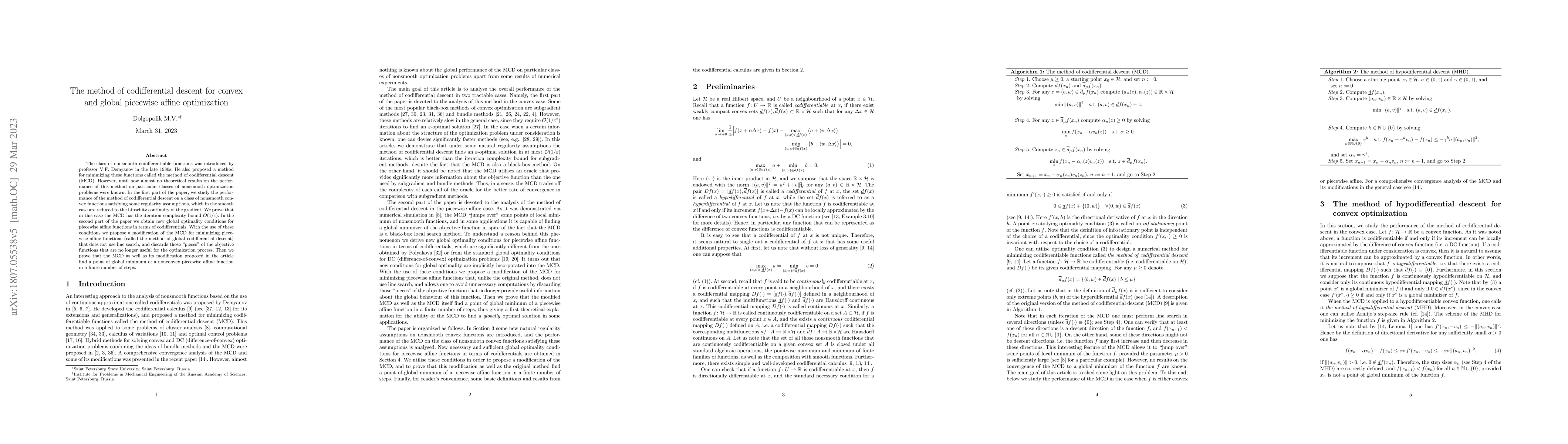 Thumbnail for The method of codifferential descent for convex and global piecewise
  affine optimization