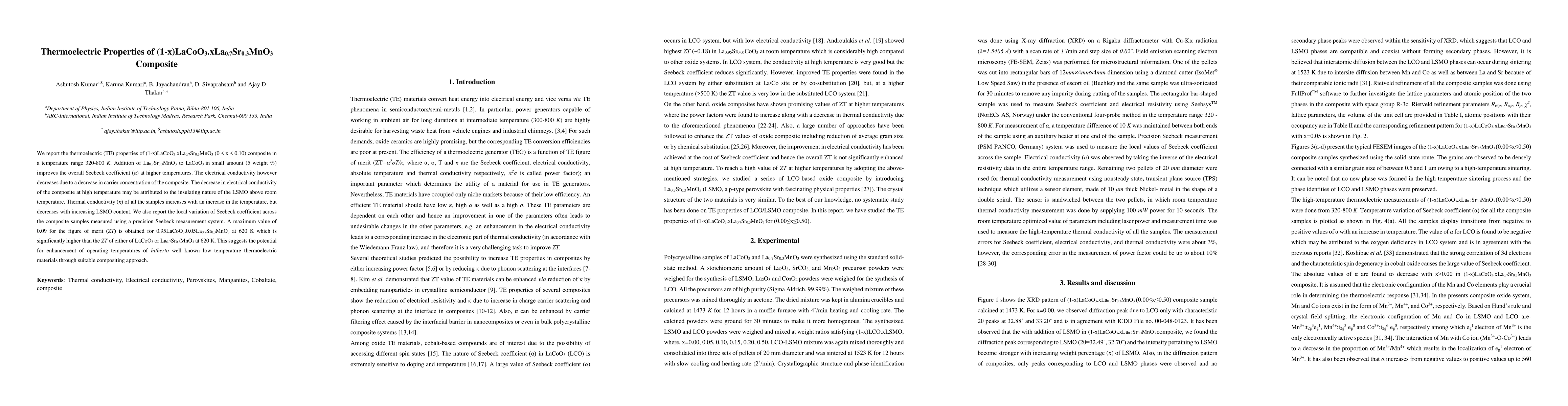 Thumbnail for Thermoelectric Properties of
  (1-x)LaCoO$_{3.x}$La$_{0.7}$Sr$_{0.3}$MnO$_3$ Composite