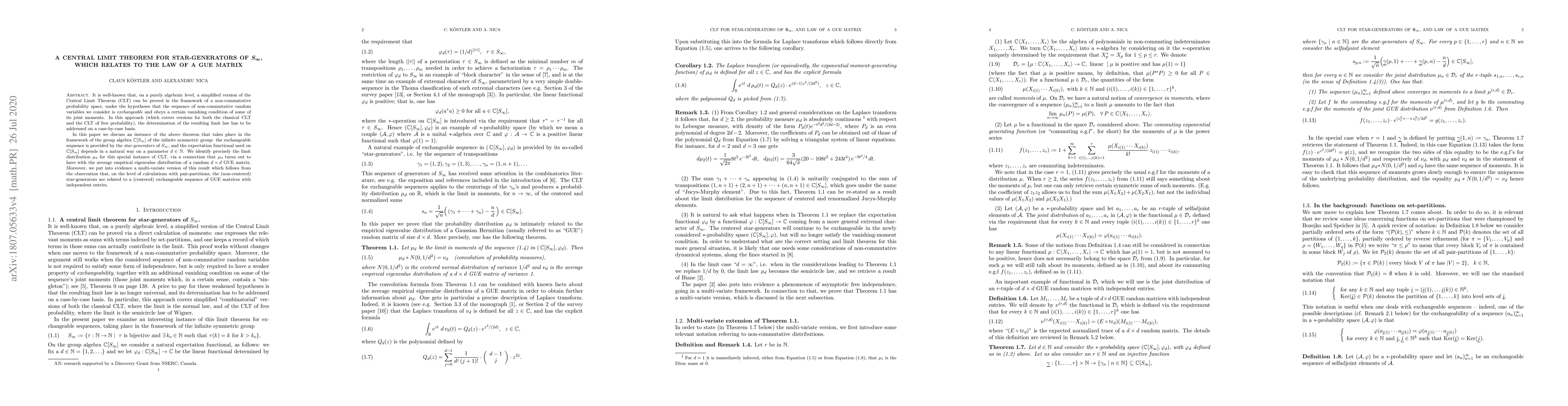 Thumbnail for A central limit theorem for star-generators of $S_{\infty}$, which
  relates to the law of a GUE matrix