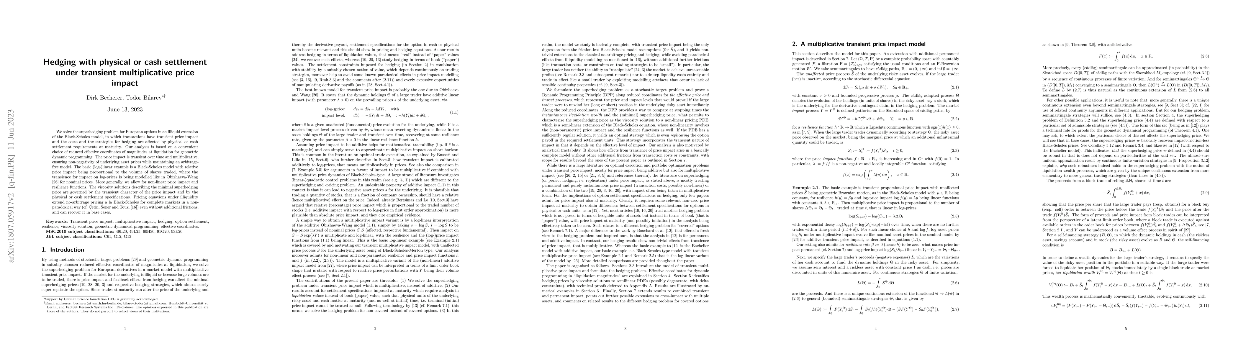 Thumbnail for Hedging with physical or cash settlement under transient multiplicative
  price impact