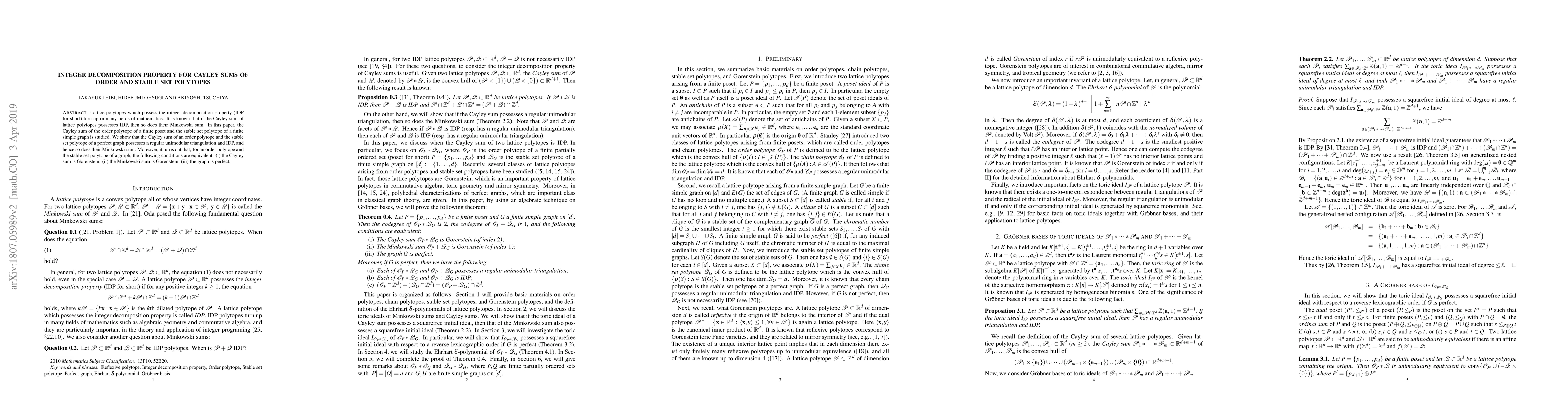 Thumbnail for Integer decomposition property for Cayley sums of order and stable set
  polytopes