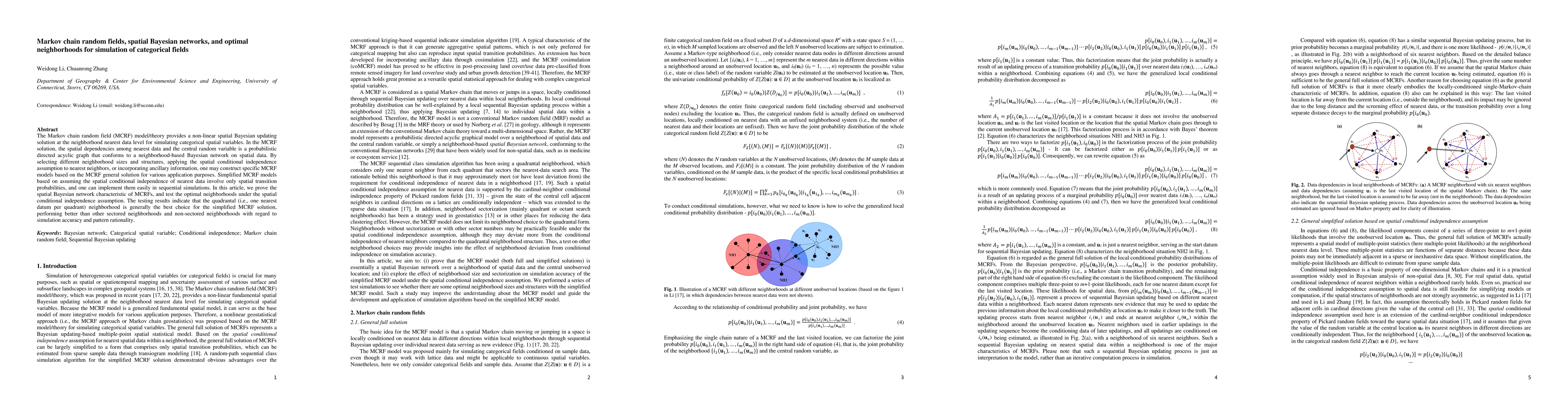 Thumbnail for Markov chain random fields, spatial Bayesian networks, and optimal
  neighborhoods for simulation of categorical fields