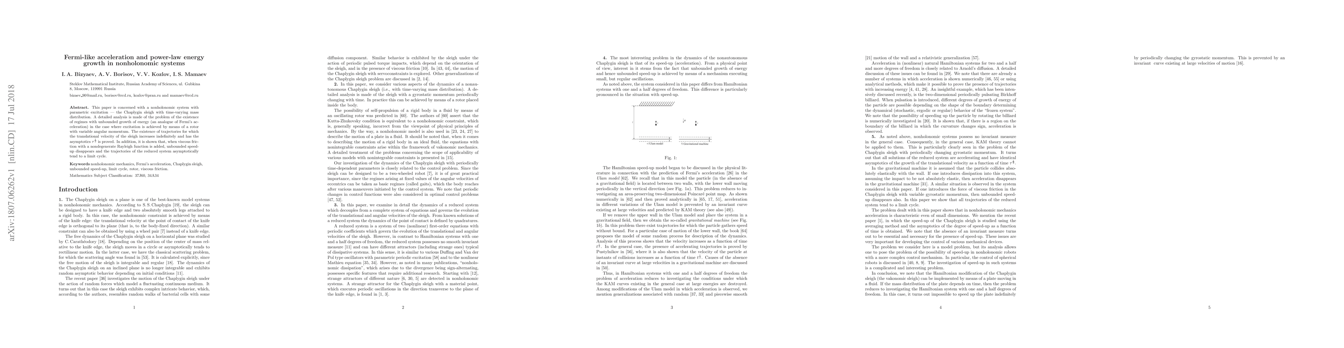 Thumbnail for Fermi-like acceleration and power-law energy growth in nonholonomic
  systems