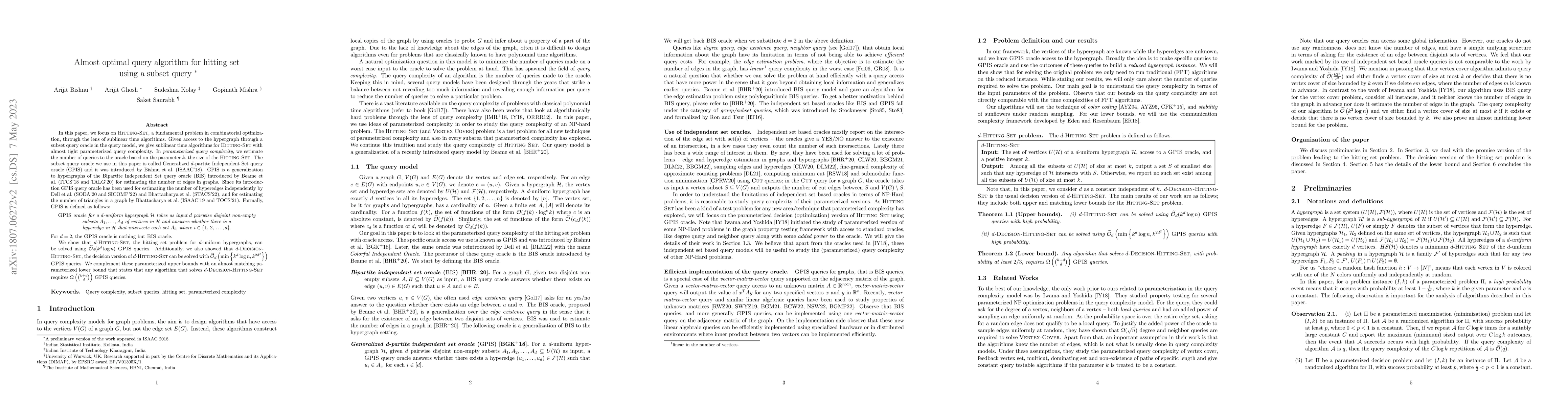 Thumbnail for Almost optimal query algorithm for hitting set using a subset query