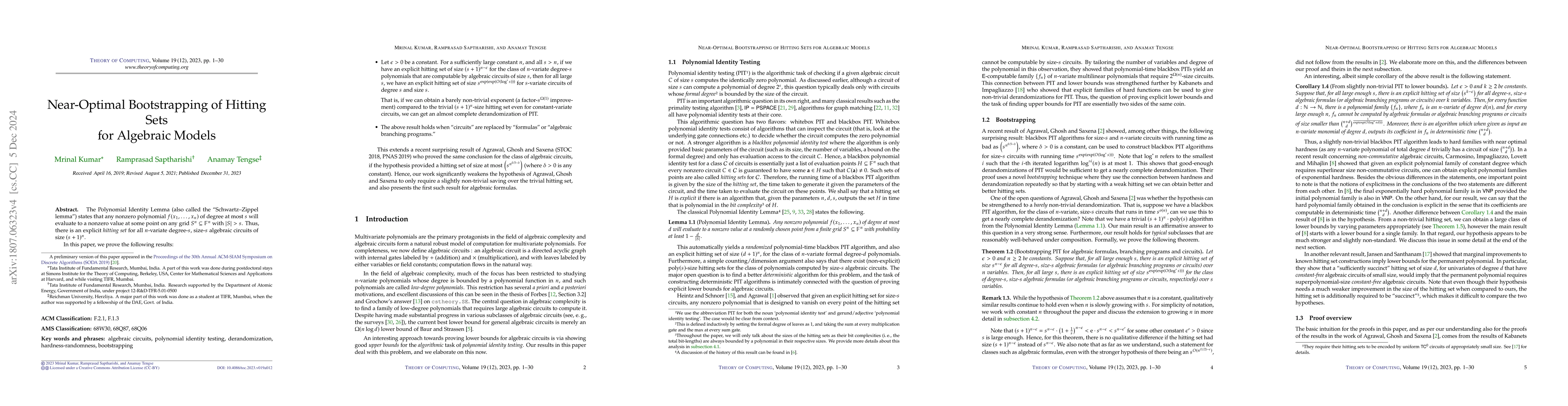 Thumbnail for Near-optimal Bootstrapping of Hitting Sets for Algebraic Models