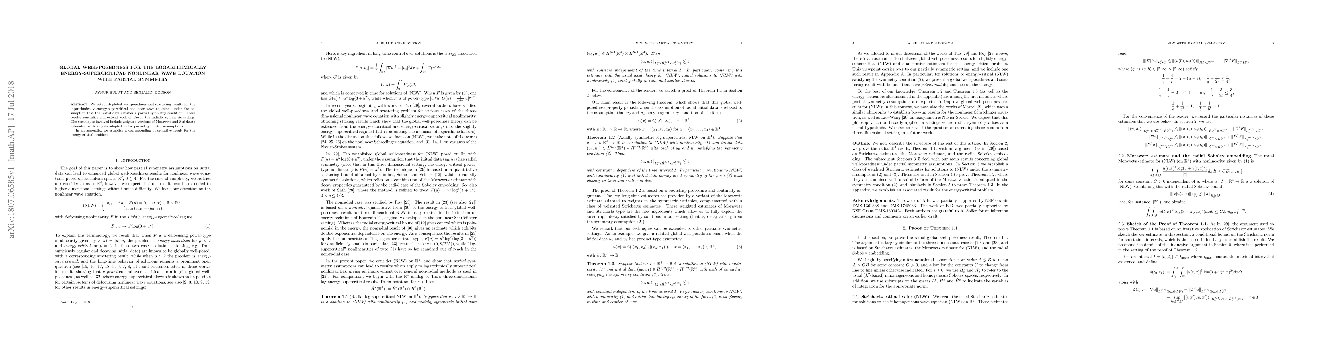 Thumbnail for Global well-posedness for the logarithmically energy-supercritical
  Nonlinear Wave Equation with partial symmetry