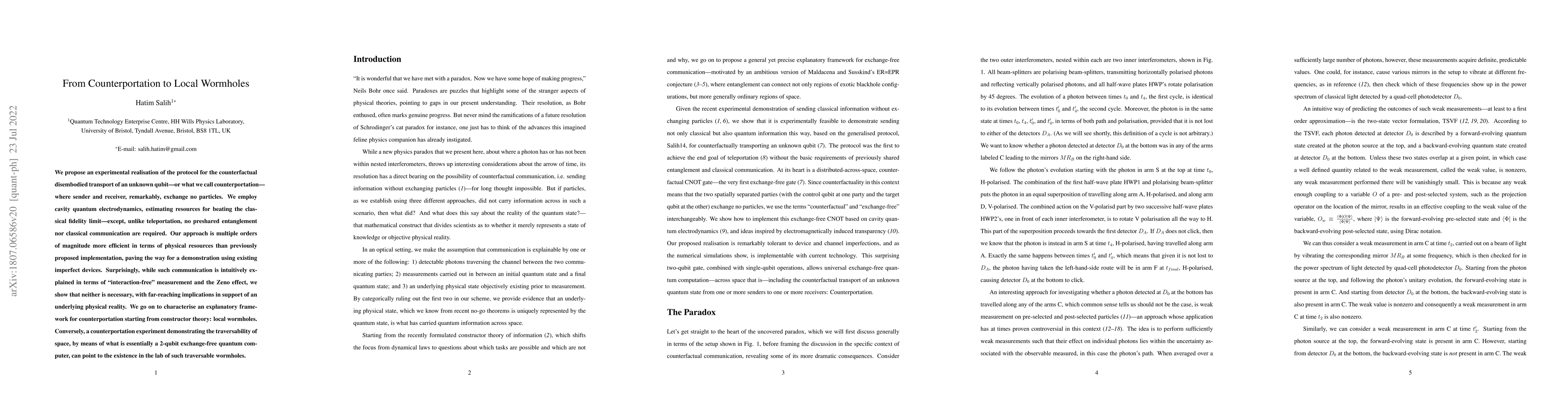 Thumbnail for From Counterportation to Local Wormholes