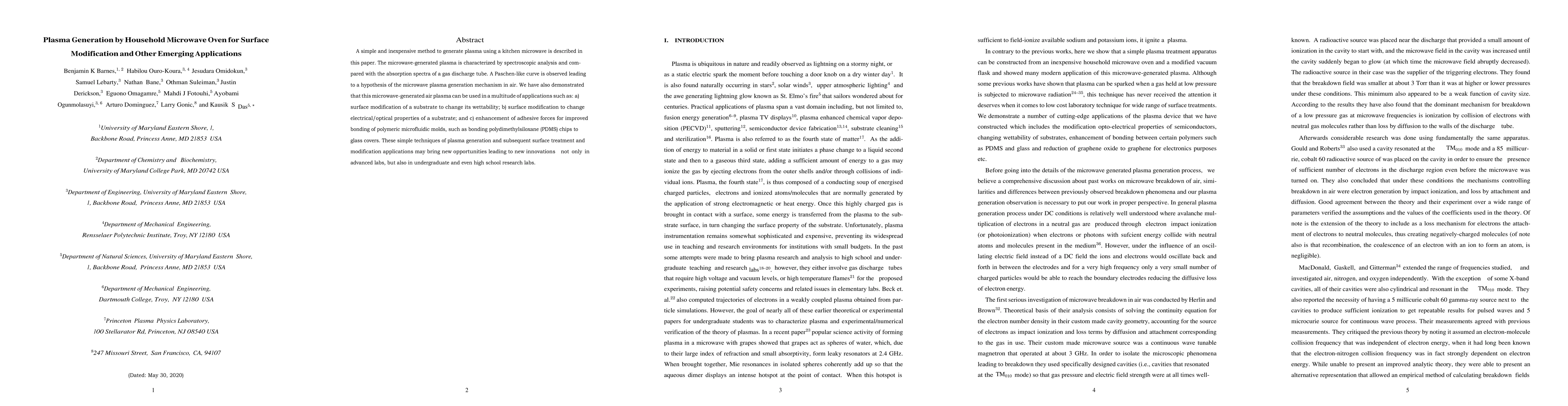 Thumbnail for Plasma Generation by Household Microwave Oven for Surface Modification
  and Other Emerging Applications