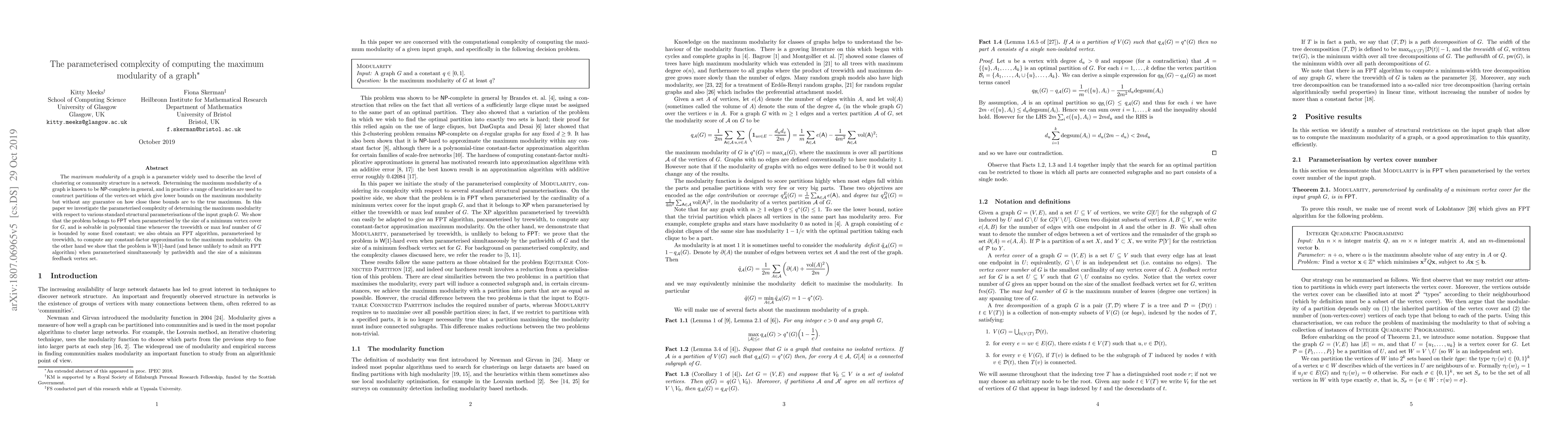 Thumbnail for The parameterised complexity of computing the maximum modularity of a
  graph