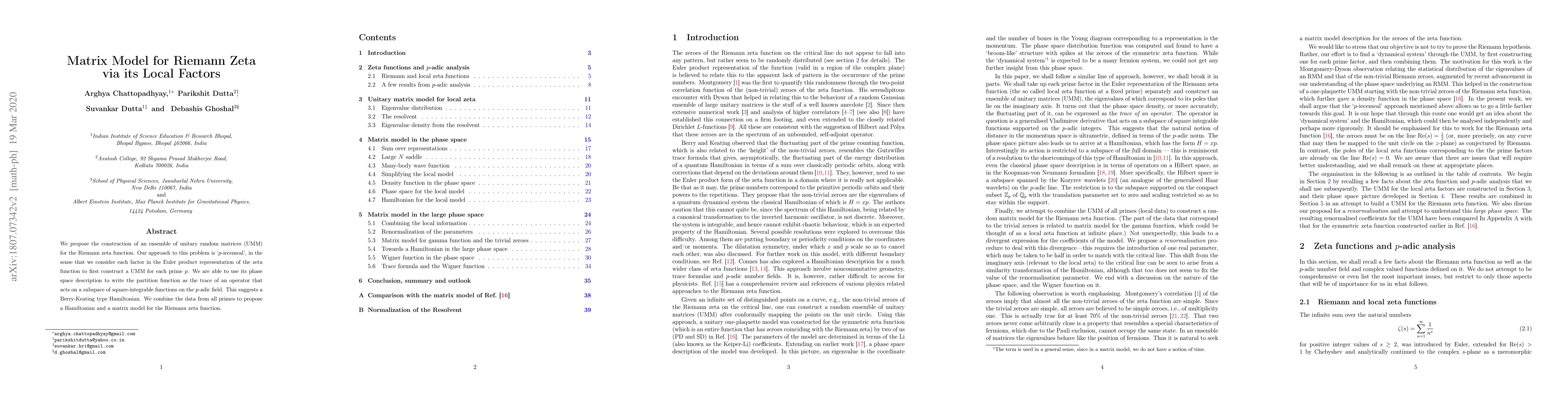 Thumbnail for Matrix Model for Riemann Zeta via its Local Factors