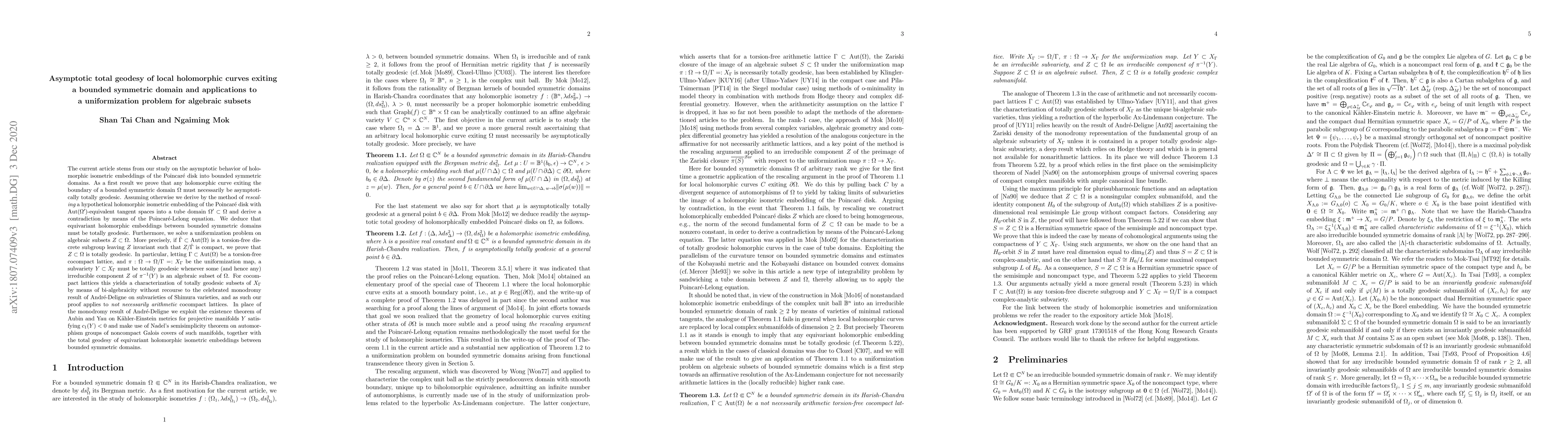 Thumbnail for Asymptotic total geodesy of local holomorphic curves exiting a bounded
  symmetric domain and applications to a uniformization problem for algebraic
  subsets