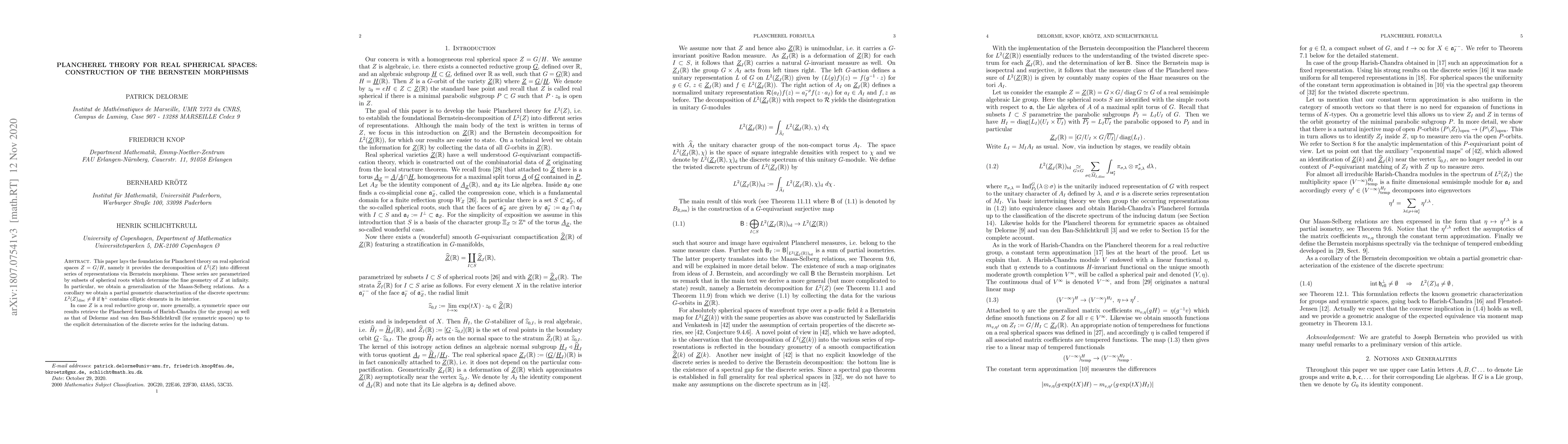 Thumbnail for Plancherel theory for real spherical spaces: Construction of the
  Bernstein morphisms