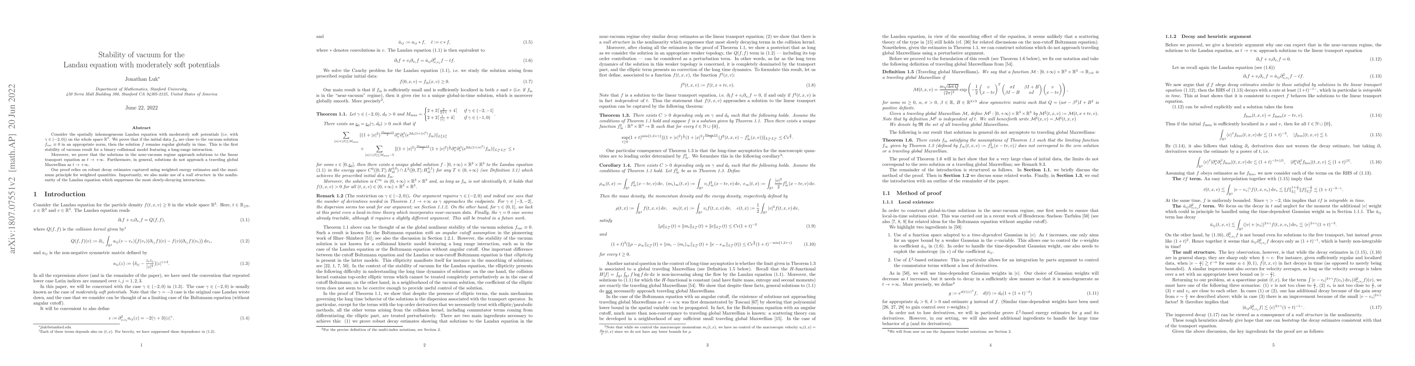 Thumbnail for Stability of vacuum for the Landau equation with moderately soft
  potentials