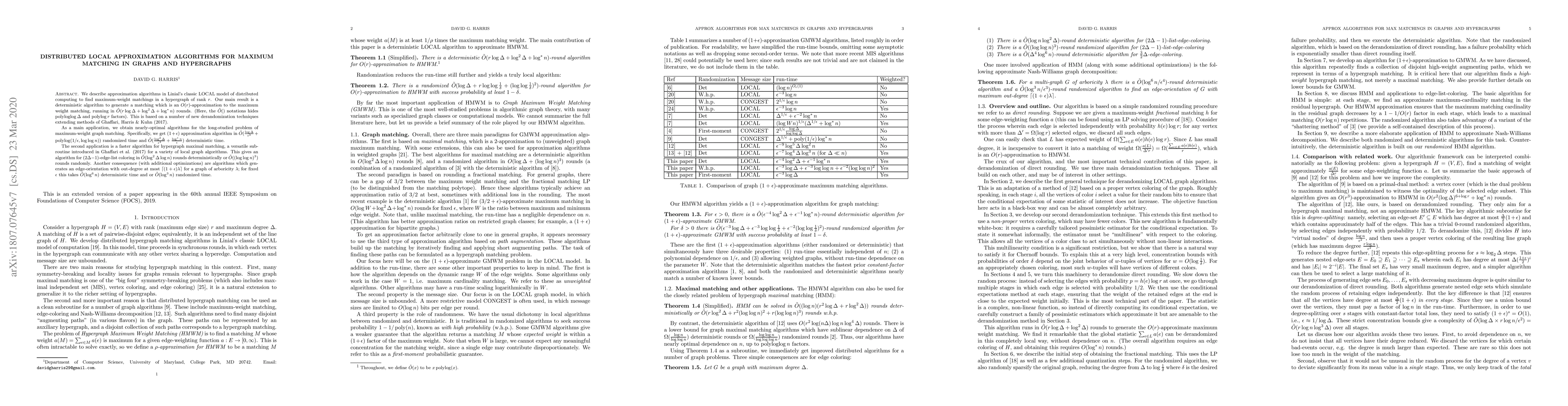 Thumbnail for Distributed local approximation algorithms for maximum matching in
  graphs and hypergraphs