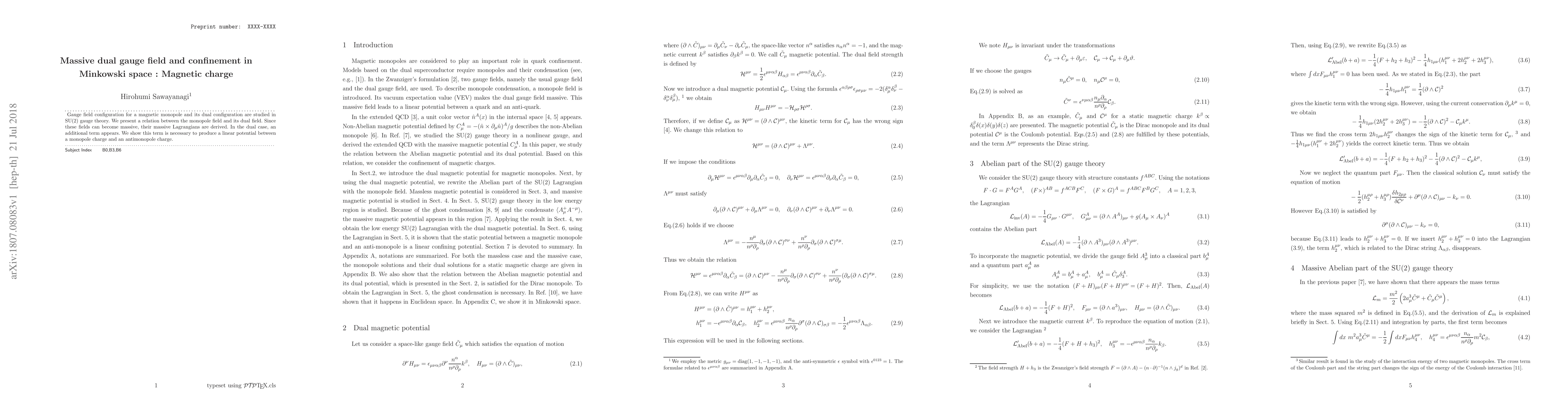 Thumbnail for Massive dual gauge field and confinement in Minkowski space : Magnetic
  charge