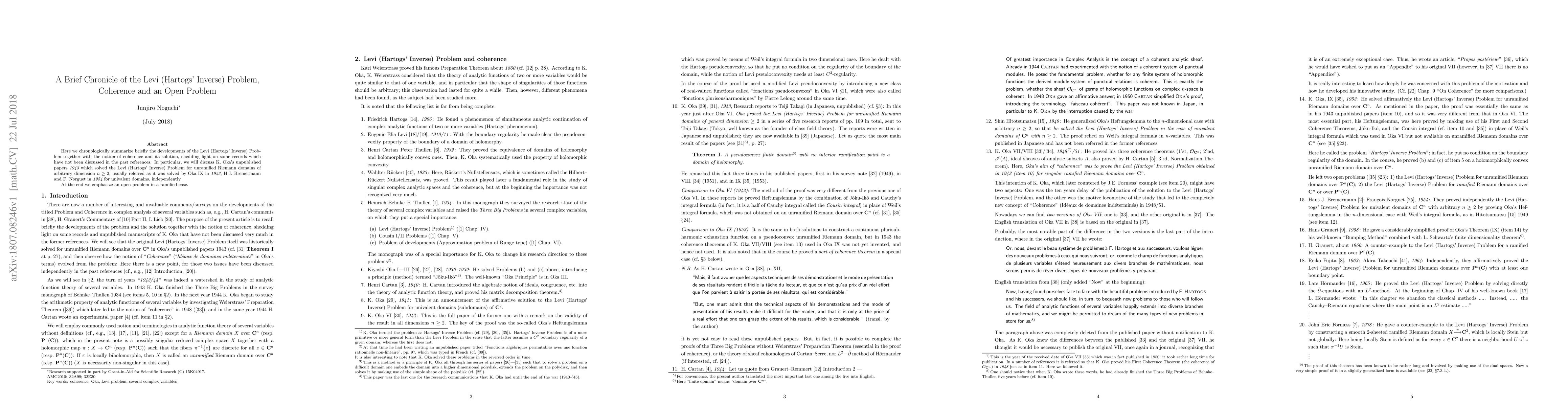 Thumbnail for A Brief Chronicle of the Levi (Hartogs' Inverse) Problem, Coherence and
  an Open Problem