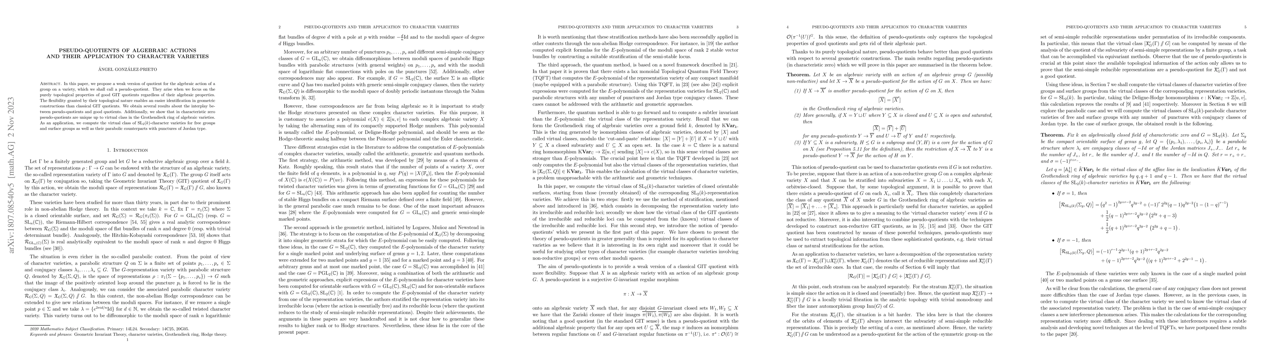 Thumbnail for Pseudo-quotients of algebraic actions and their application to character
  varieties