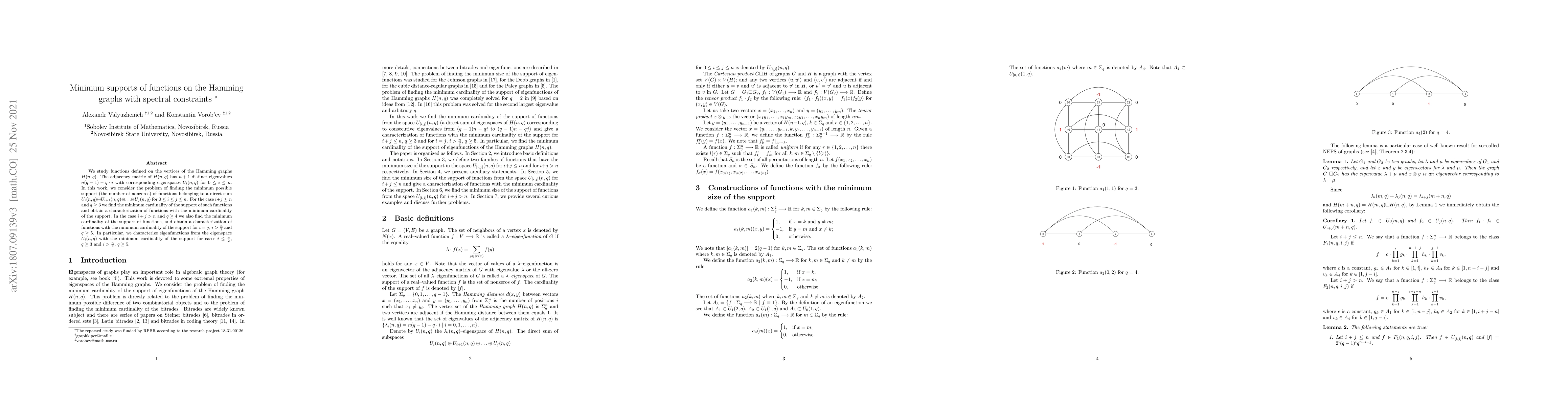 Thumbnail for Minimum supports of functions on the Hamming graphs with spectral
  constraints