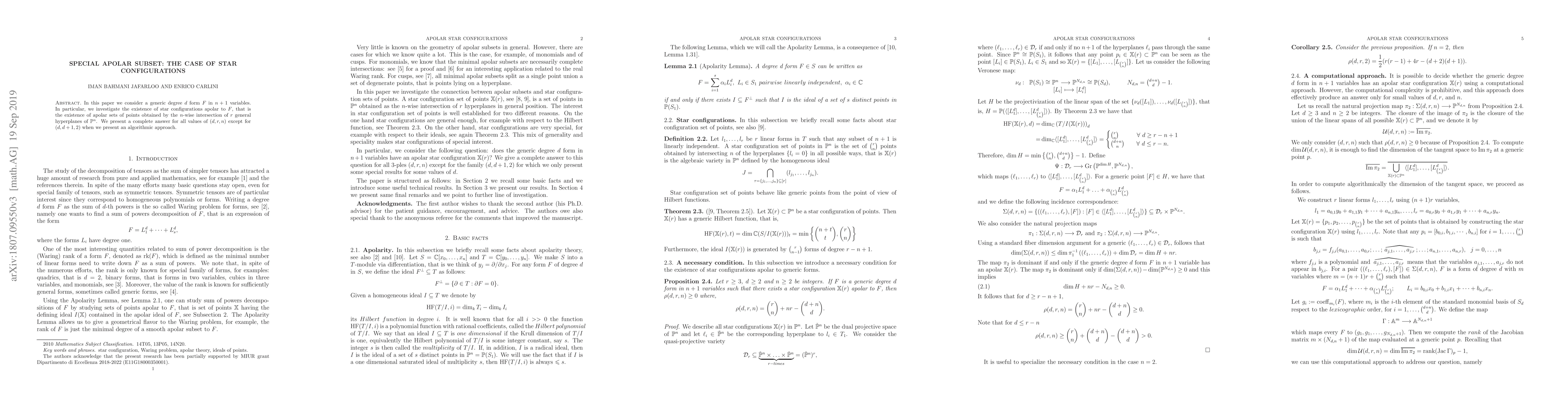 Thumbnail for Special apolar subset: the case of star configurations