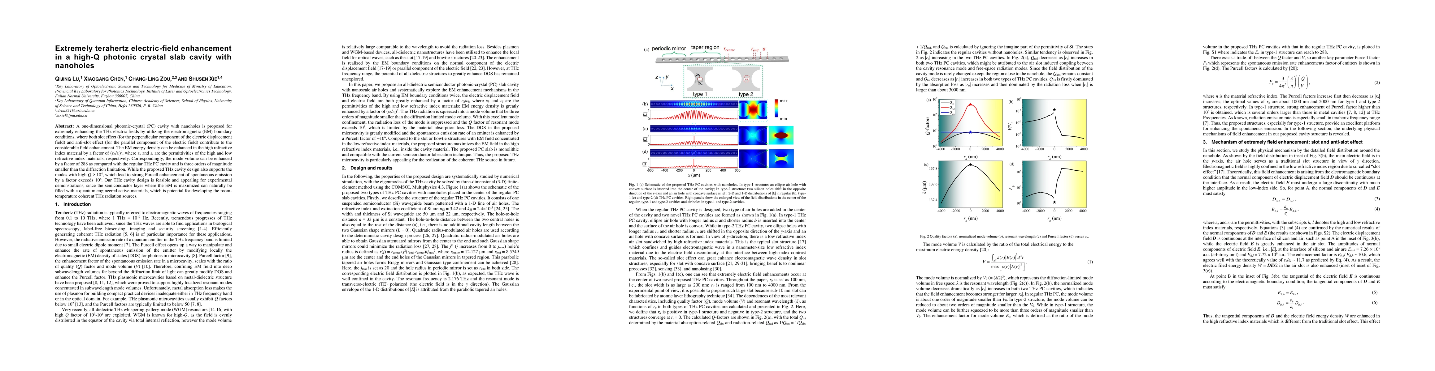 Thumbnail for Extremely terahertz electric-field enhancement in a high-Q photonic
  crystal slab cavity with nanoholes